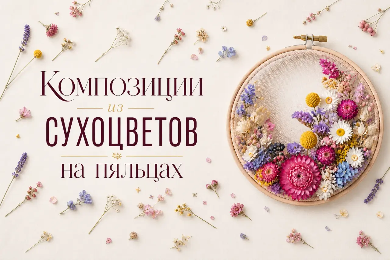 Композиции из сухоцветов на пяльцах